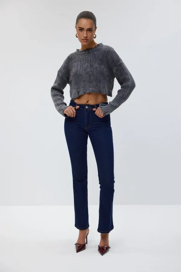 Bisiklet Yaka Crop Triko Kadın Kazak %100 Pamuk