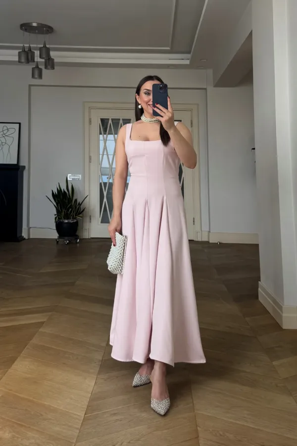 Square Neck Strappy Midi Dress