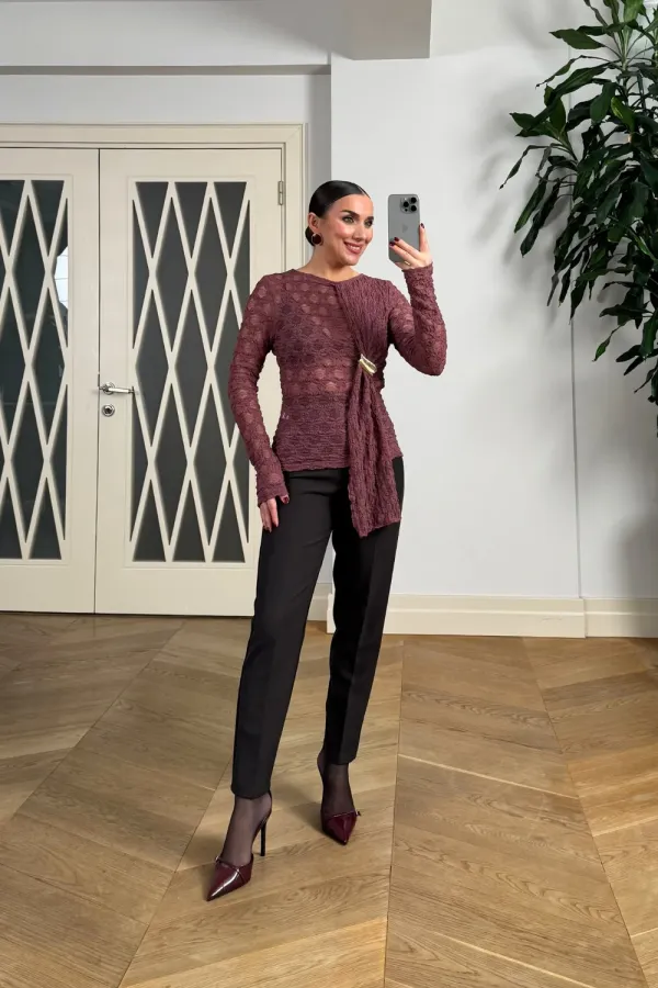 Transparan Uzun Kollu Şal Yaka Bluz