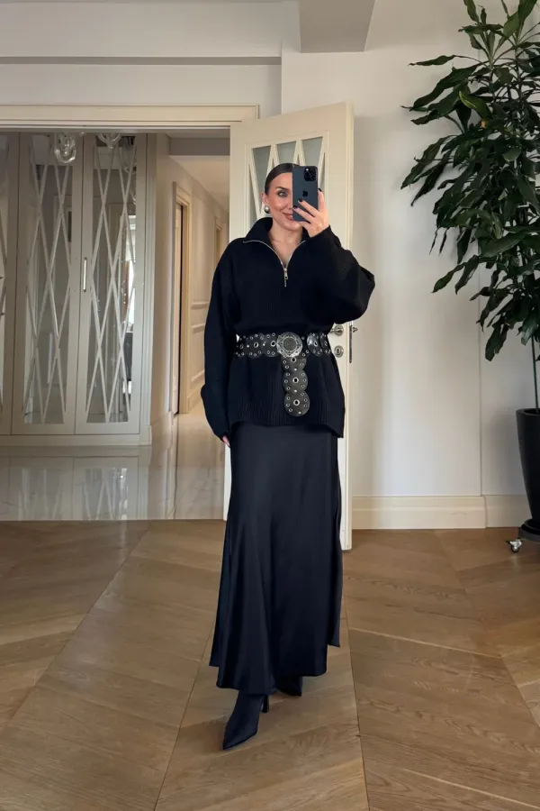 High-Neck Zip-Up Knitted Women's Sweater