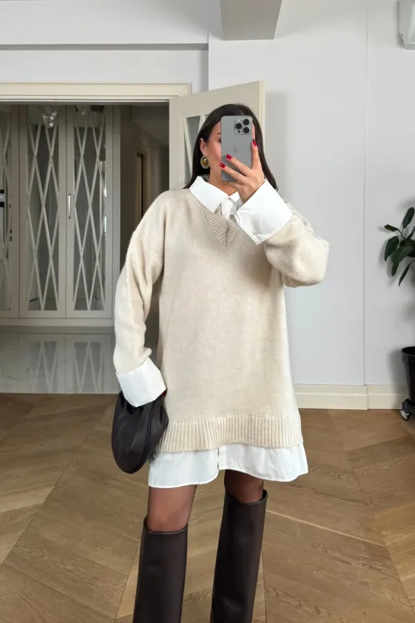 Gömlek Detaylı Mini Triko Elbise