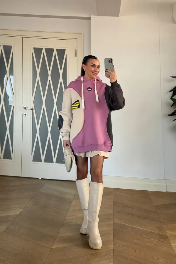 Blok Renkli Kapüşonlu Kadın Sweatshirt