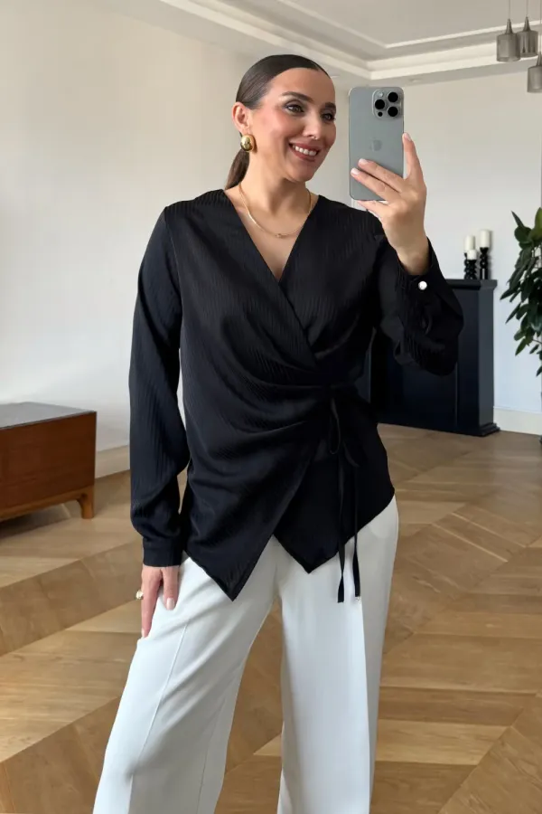 Kruvaze Bağlamalı Uzun Kollu Bluz