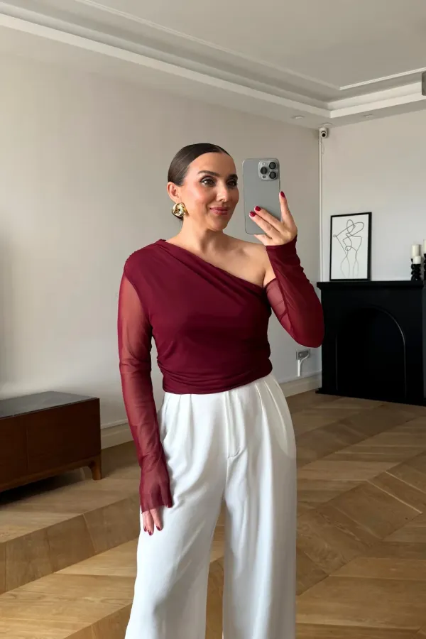 Drapeli Asimetrik Kesim Tül Bluz