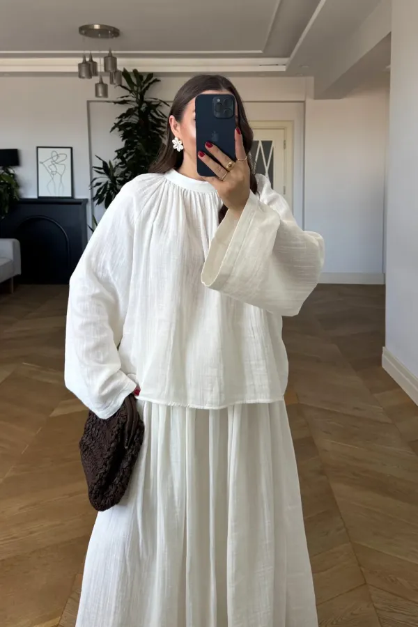 Linen Blend Long-Sleeved Blouse and Skirt Set