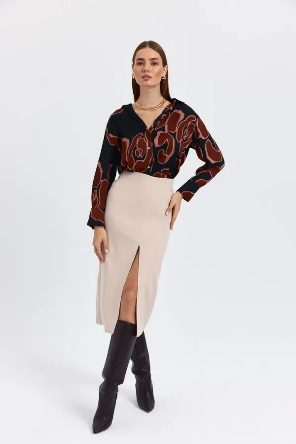 Yüksek Bel Yırtmaçlı Düz Kesim Midi Etek