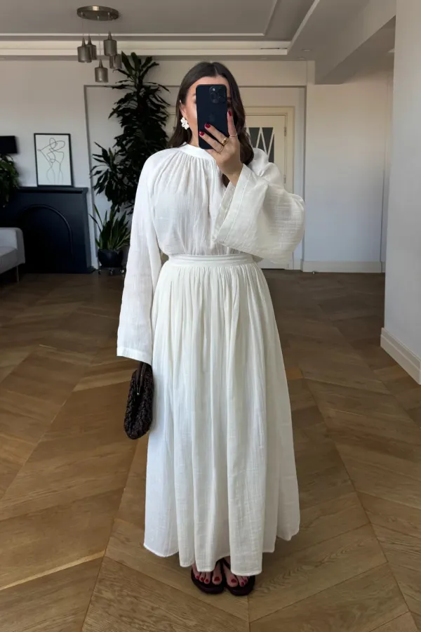 Linen Blend Long-Sleeved Blouse and Skirt Set