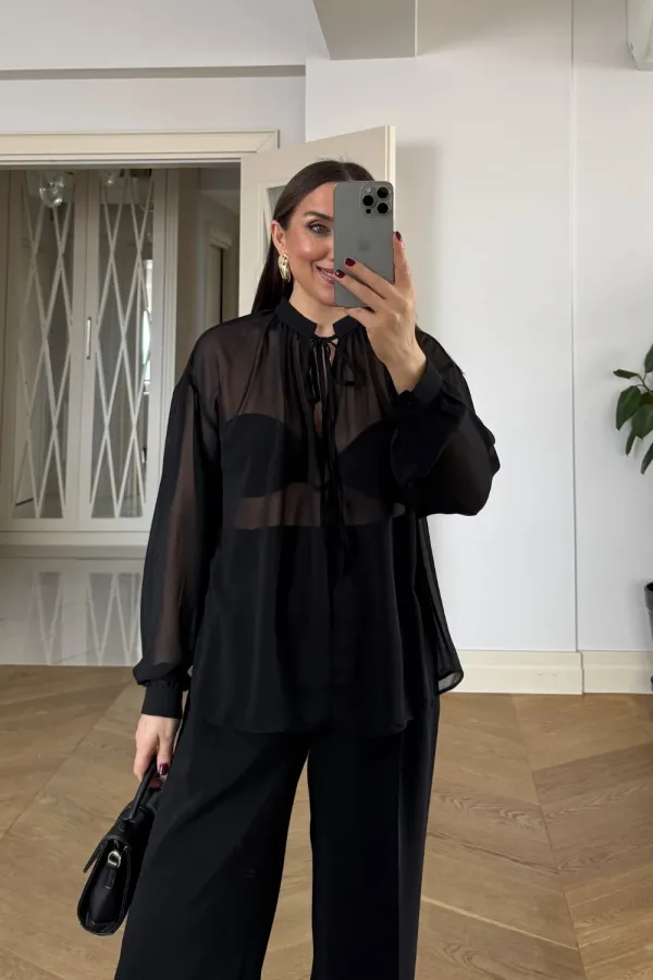 Chemisier en mousseline à manches longues et col mandarin