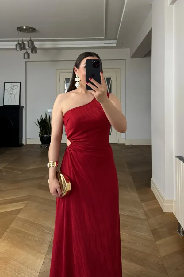One-Sleeve Long Dress with Waistline Cutout One-Sleeve Long Dress with Waistline Cutout