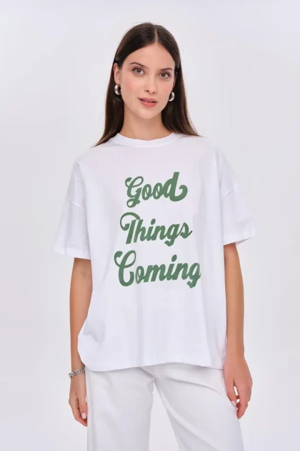 Oversize Baskılı Kısa Kollu Kadın Tişört %100 Pamuk