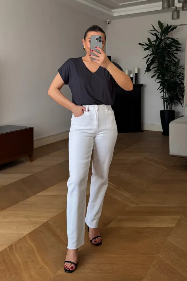 Kesik Paça Boyfit Kadın Denim Pantolon