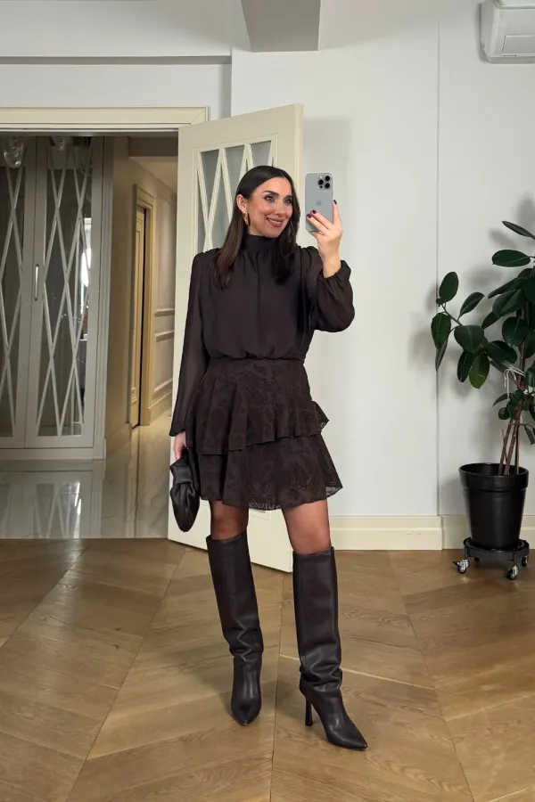 Pile Detaylı Şifon Mini Elbise