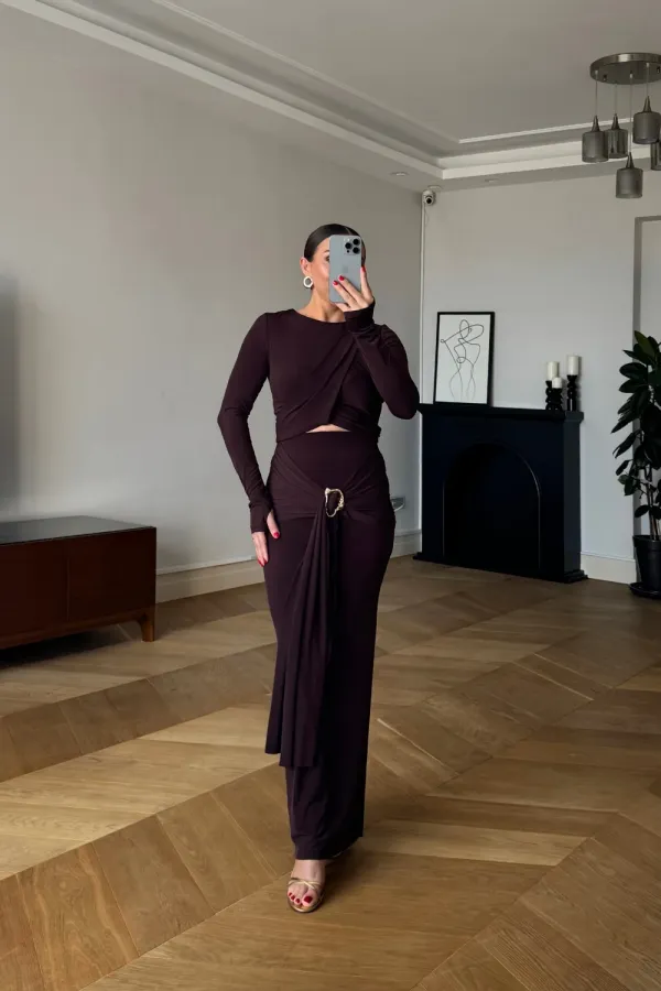 Toka Detaylı Bluz Etek Takım