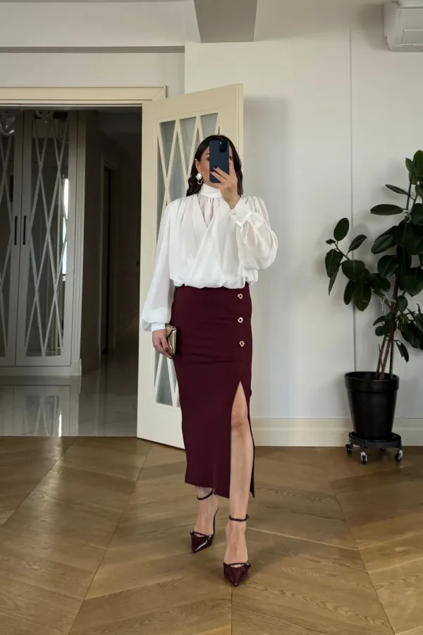 Midi Pencil Skirt with Slit and Button Detail