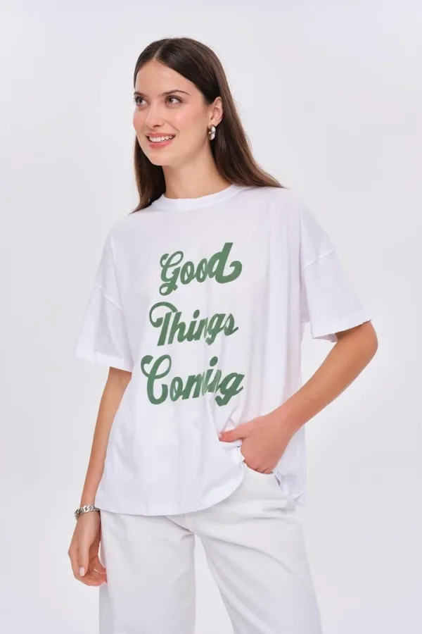 Oversize Baskılı Kısa Kollu Kadın Tişört %100 Pamuk