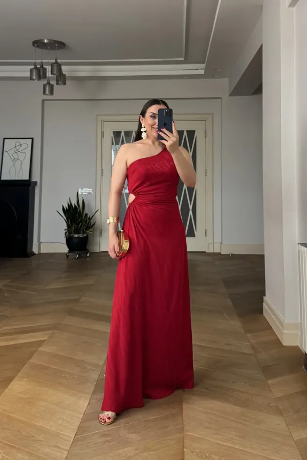 One-Sleeve Long Dress with Waistline Cutout One-Sleeve Long Dress with Waistline Cutout