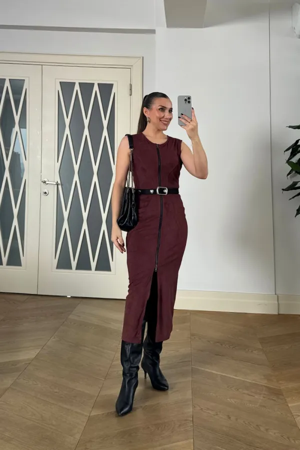 Suni Süet Sıfır Kol Midi Elbise