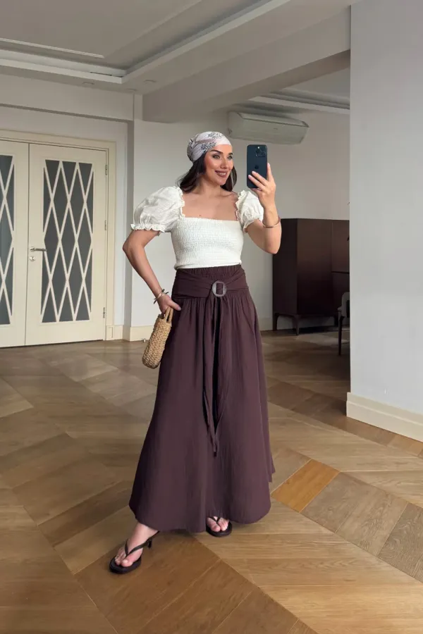 Beli Lastikli Müslin Midi Etek Beli Lastikli Müslin Midi Etek