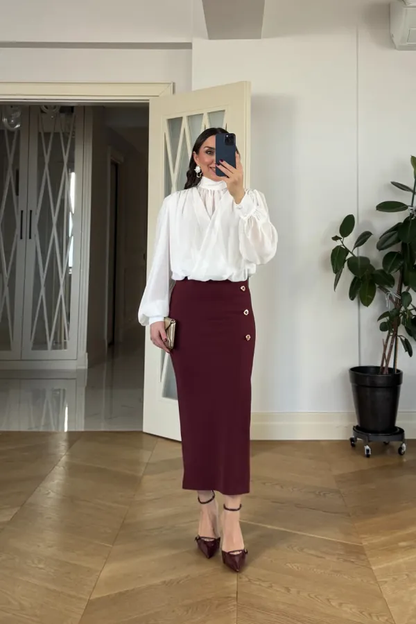 Midi Pencil Skirt with Slit and Button Detail