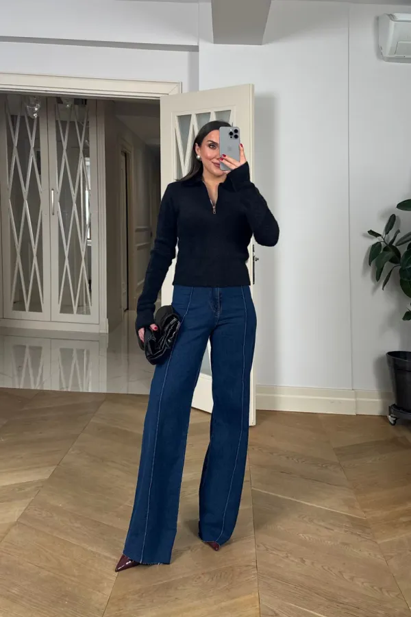 Polo Yaka Fermuarlı Triko Kadın Kazak