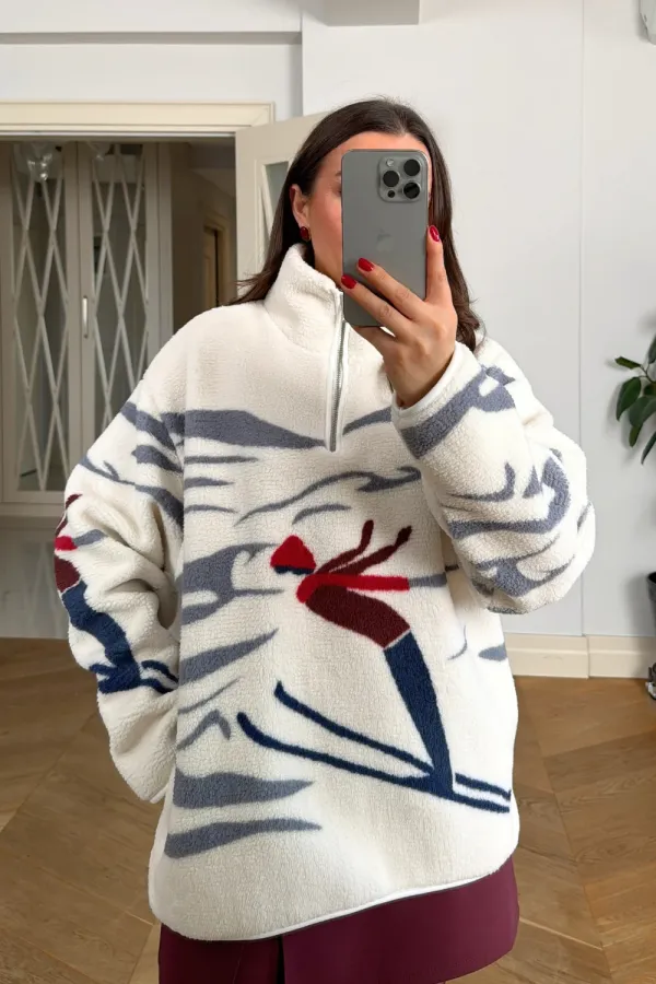 Dik Yaka Fermuarlı Polar Kadın Sweatshirt