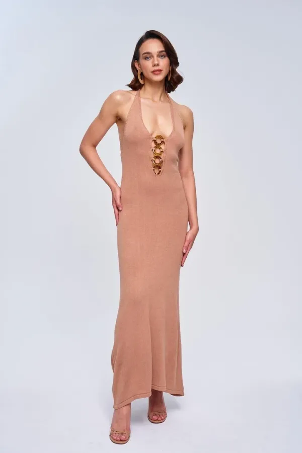 Boyundan Geçmeli Triko Uzun Elbise