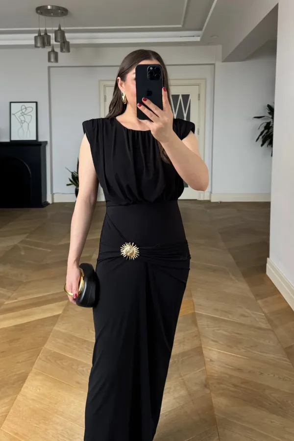 Sleeveless Long Dress with Gathered Detail and Padded Shoulders Sleeveless Long Dress with Gathered Detail and Padded Shoulders