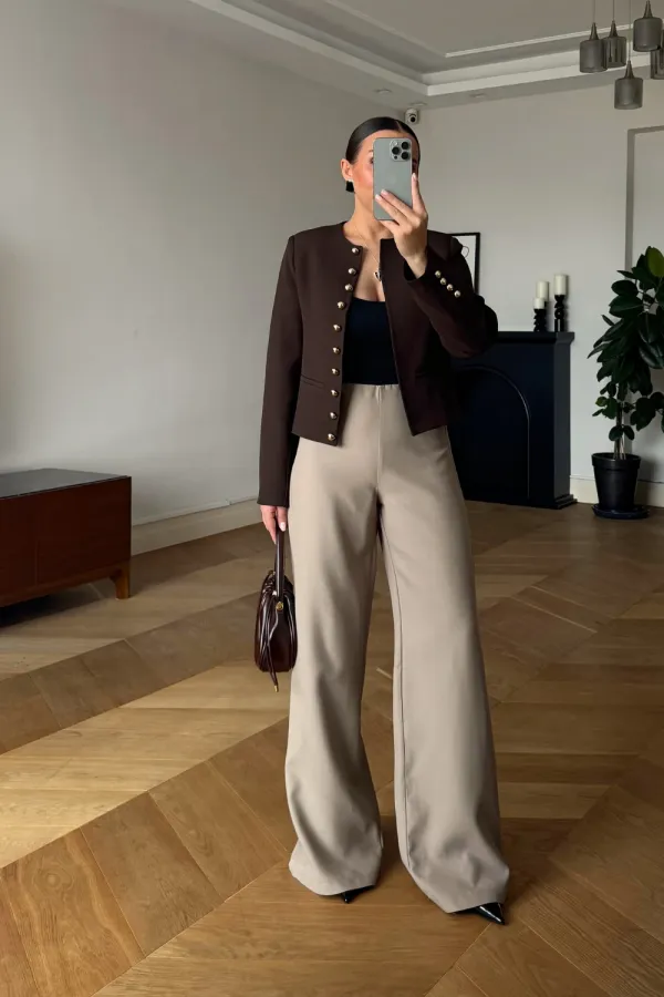 Crop Blazer Yakasız Kadın Ceket