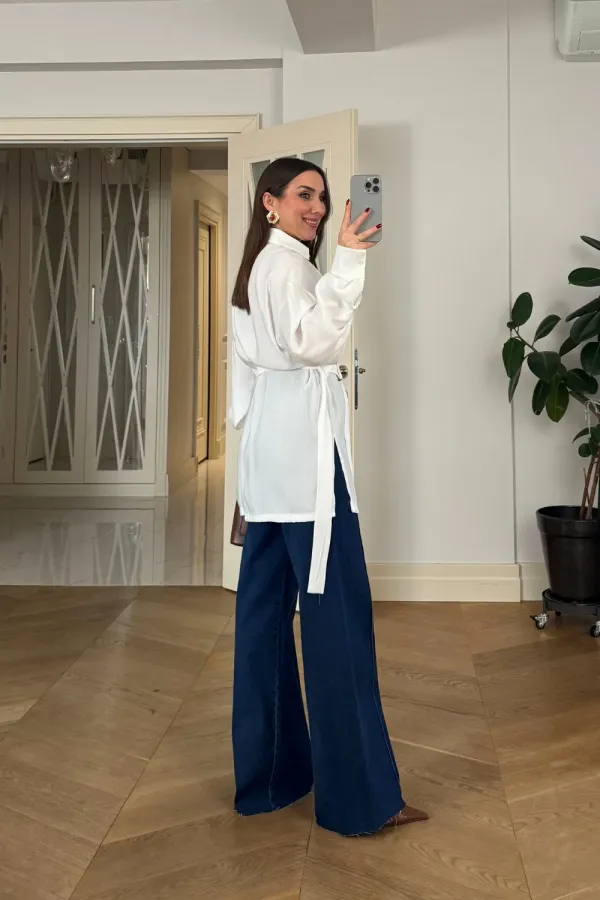 Kruvaze Kemerli Uzun Kollu Bluz