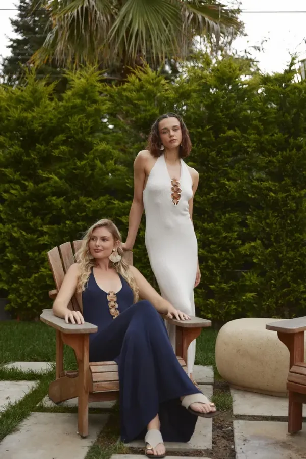 Boyundan Geçmeli Triko Uzun Elbise