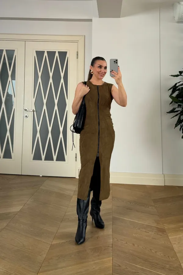 Suni Süet Sıfır Kol Midi Elbise