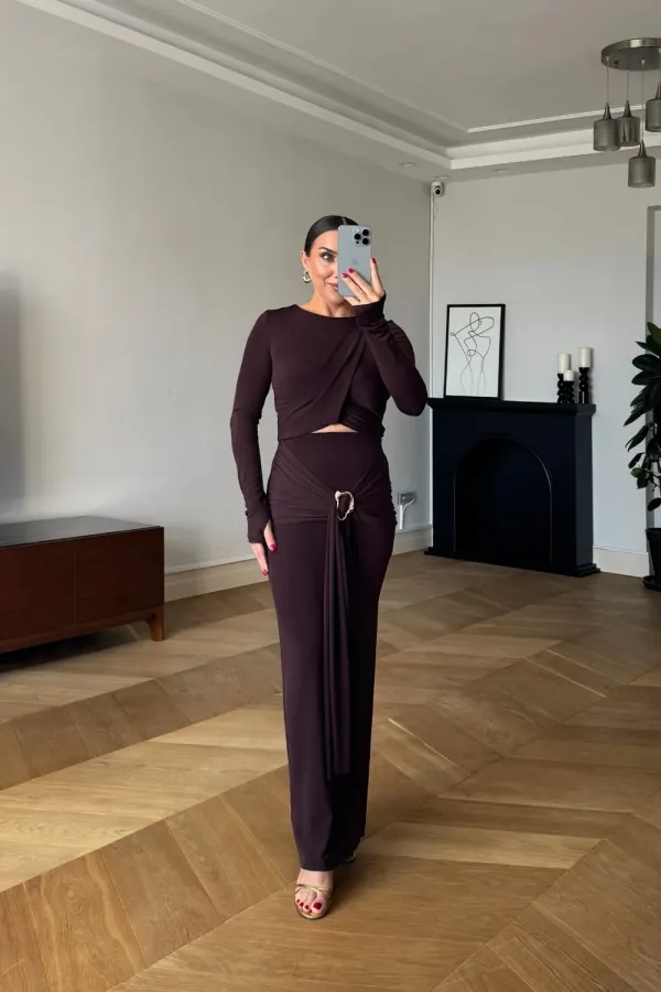 Toka Detaylı Bluz Etek Takım