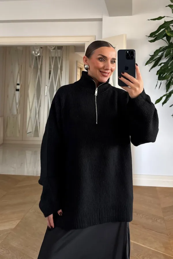 High-Neck Zip-Up Knitted Women's Sweater