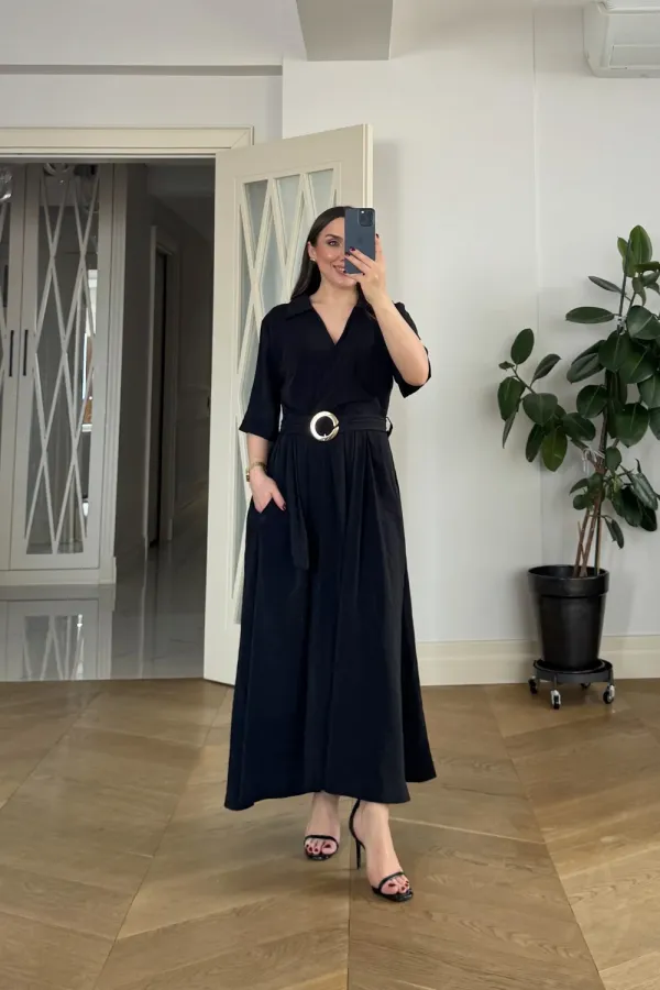 Kruvaze Yaka Kısa Kollu Uzun Elbise