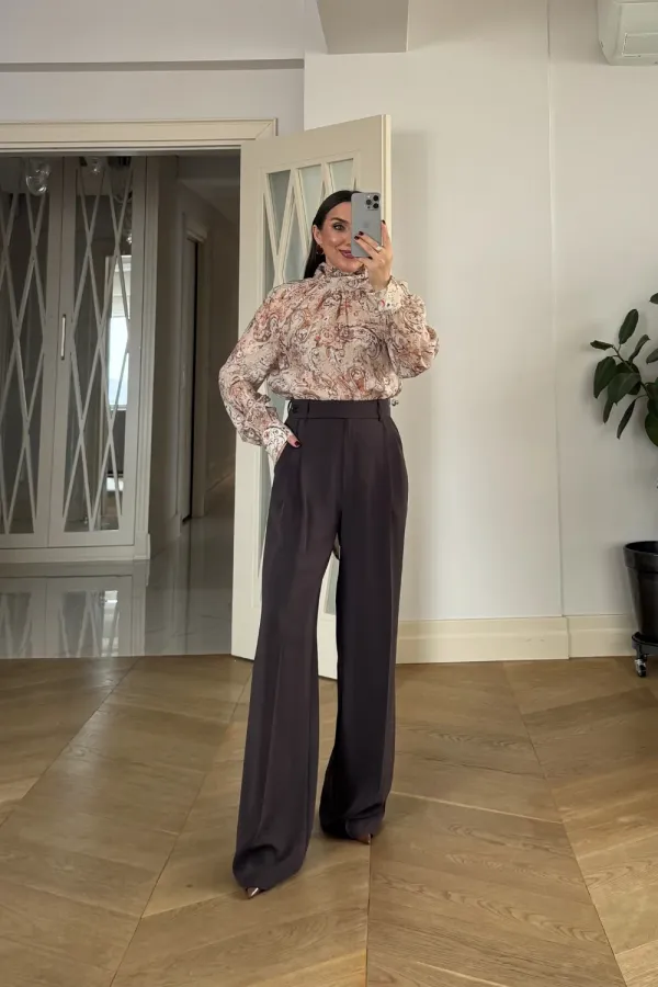 Desenli Şal Yaka Uzun Kollu Bluz