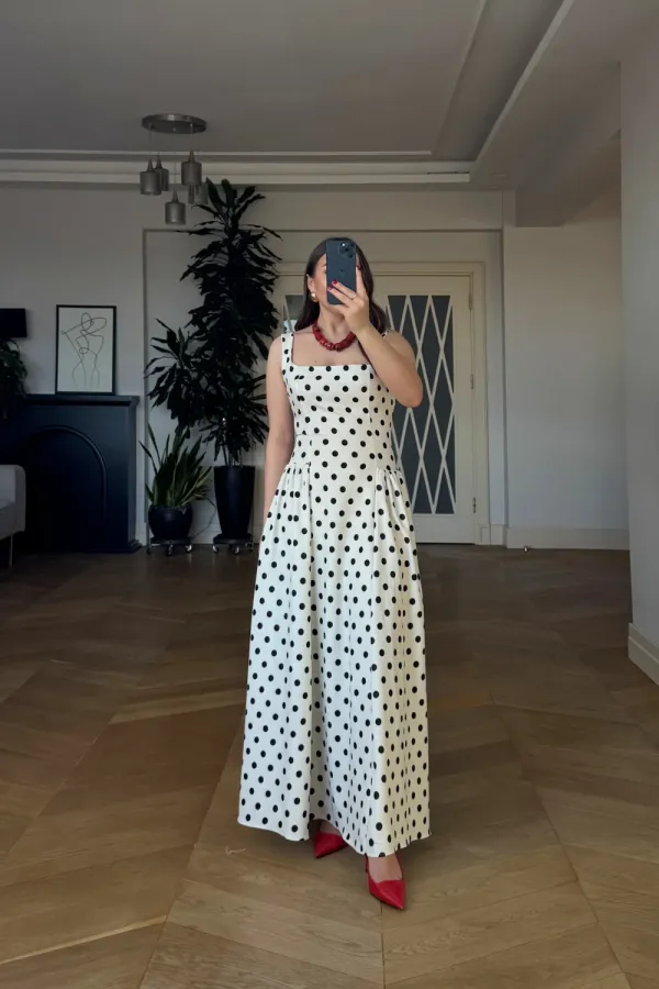 Square Neck Polka Dot Strappy Midi Dress Square Neck Polka Dot Strappy Midi Dress