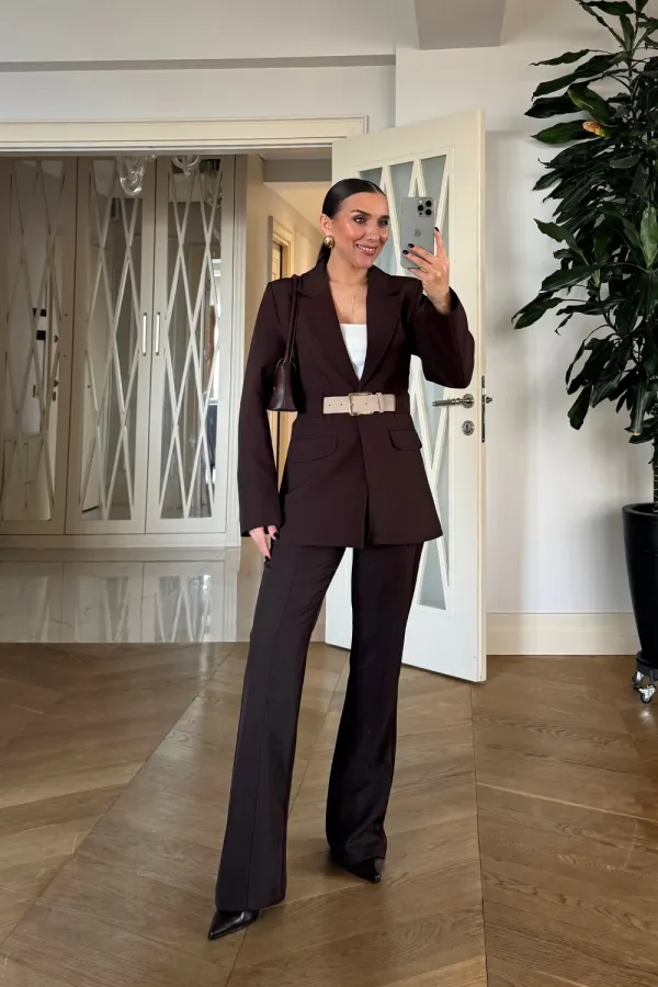Kemerli Blazer Ceket Pantolon Kadın Takım