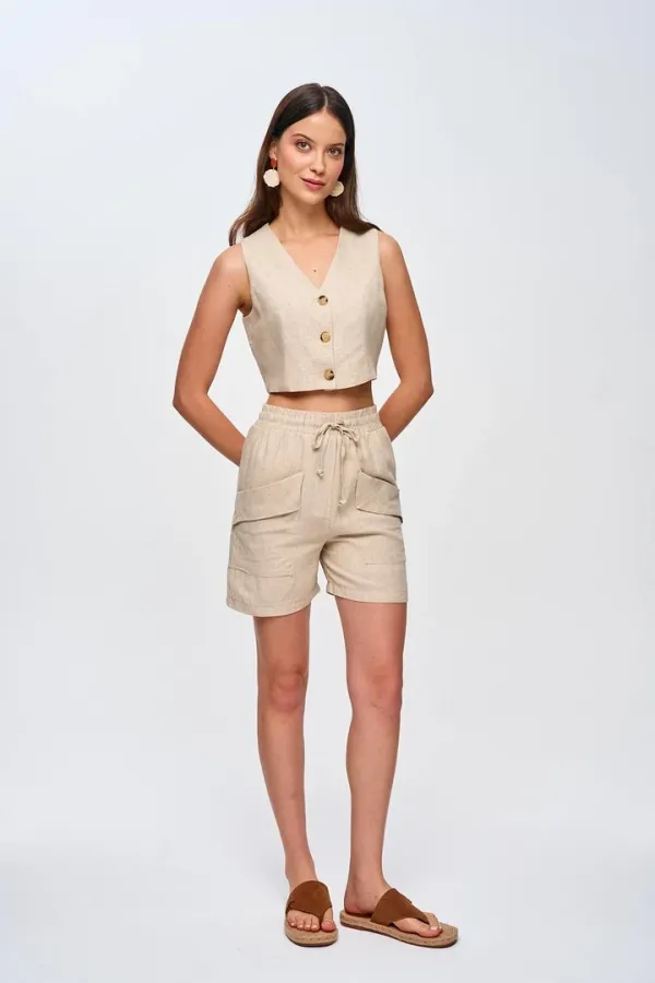 Keten Yelek Şort Kadın Takım