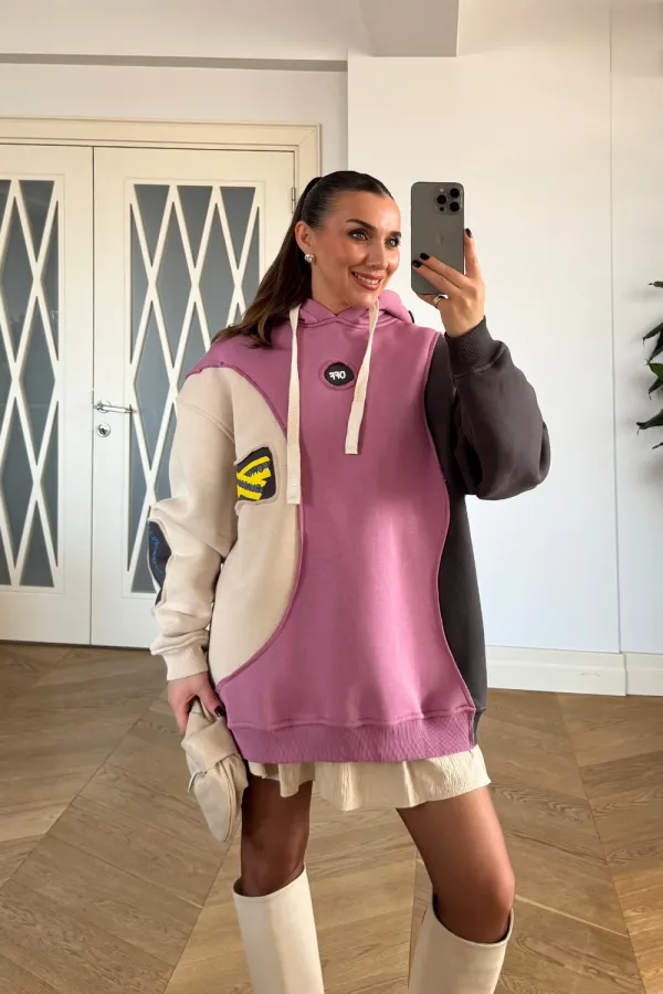 Blok Renkli Kapüşonlu Kadın Sweatshirt