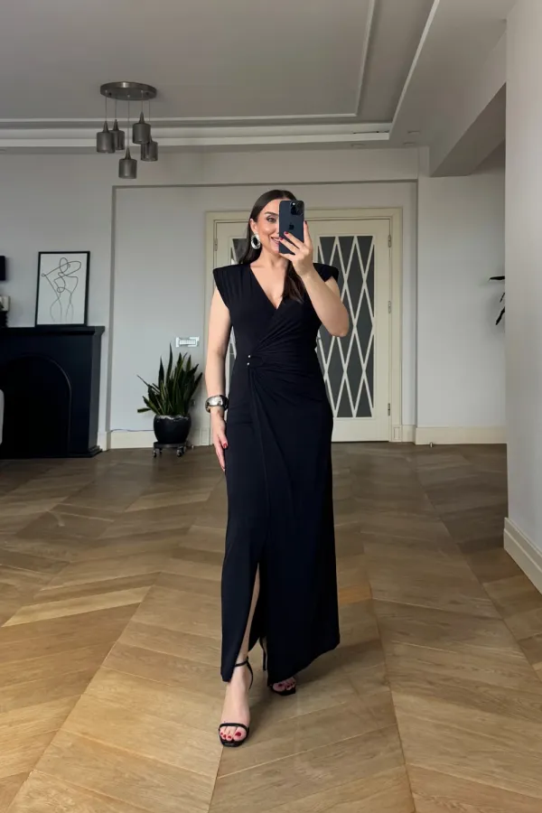 Wrap-Neck Padded Long Dress Wrap-Neck Padded Long Dress