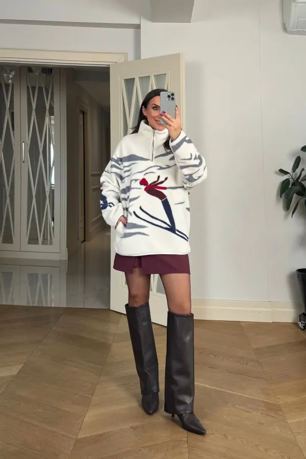 Dik Yaka Fermuarlı Polar Kadın Sweatshirt