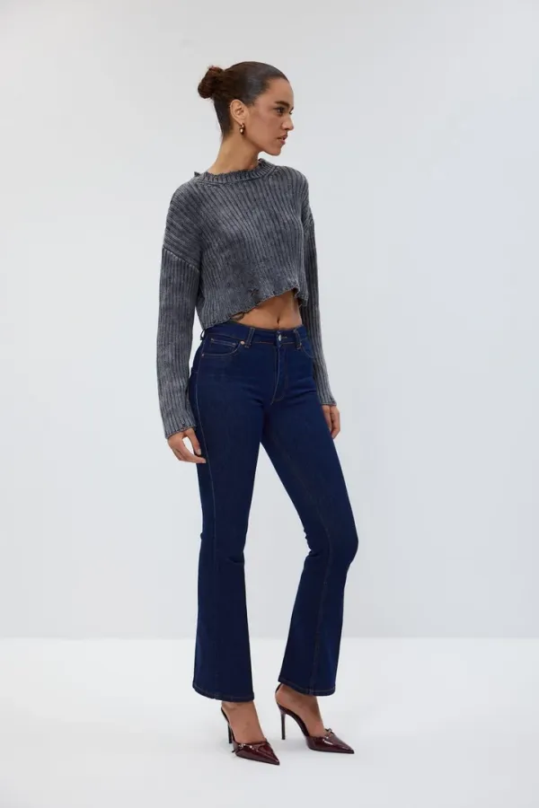 Bisiklet Yaka Crop Triko Kadın Kazak %100 Pamuk