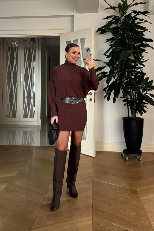 Yarasa Kol Kemerli Mini Elbise