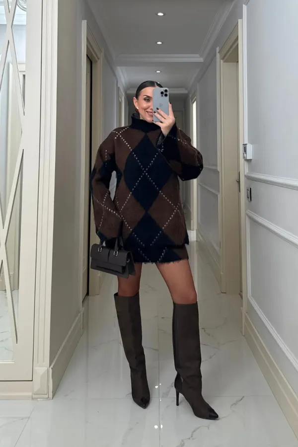 Baklava Desenli  Kazak Etek TrikoTakım