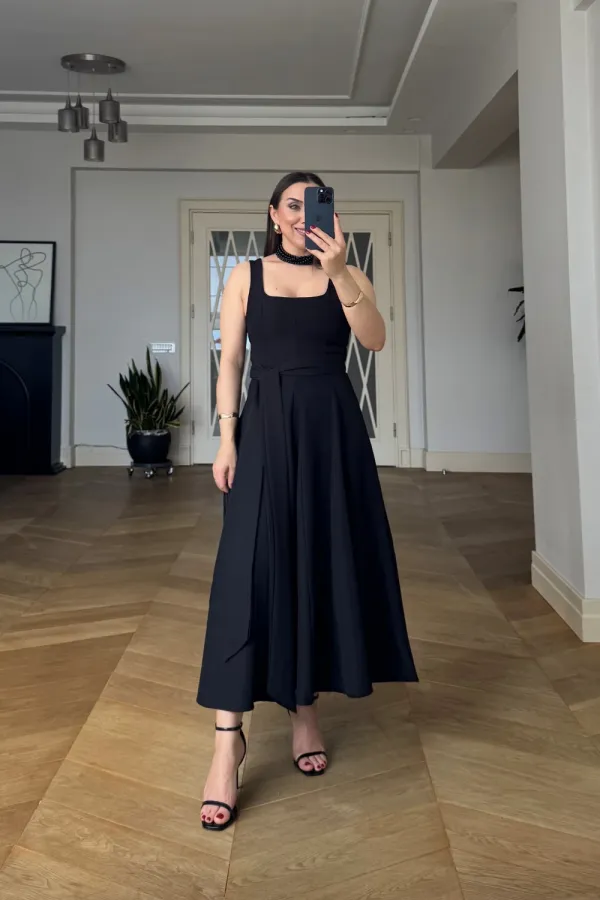 Square Neck Strappy Midi Dress