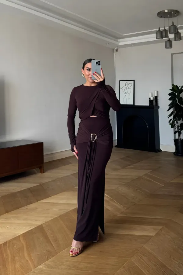 Toka Detaylı Bluz Etek Takım