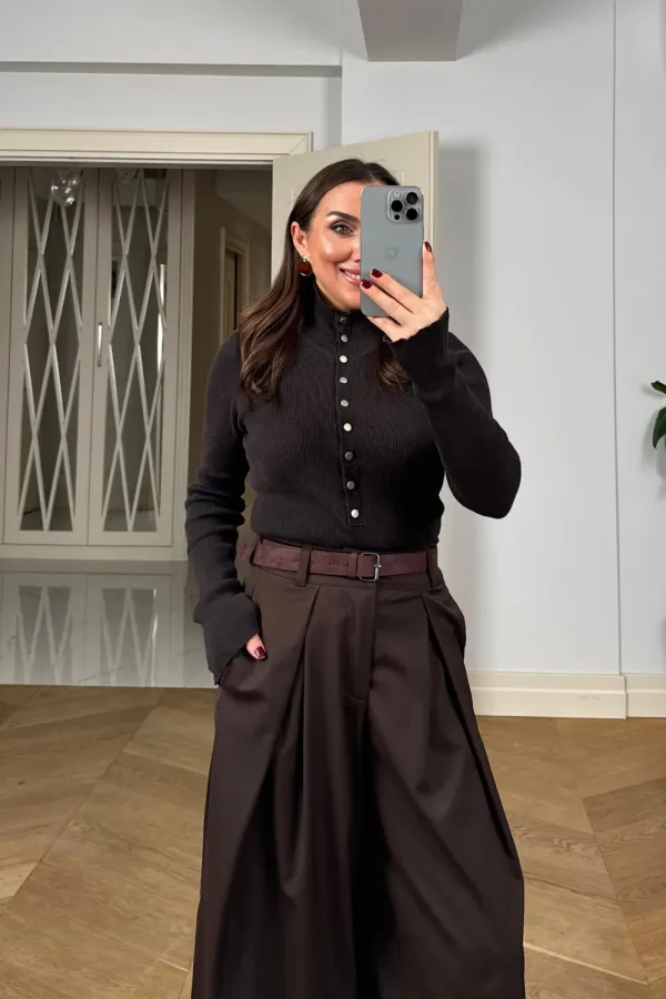 Pensli Kemerli Geniş Paça Kadın Pantolon