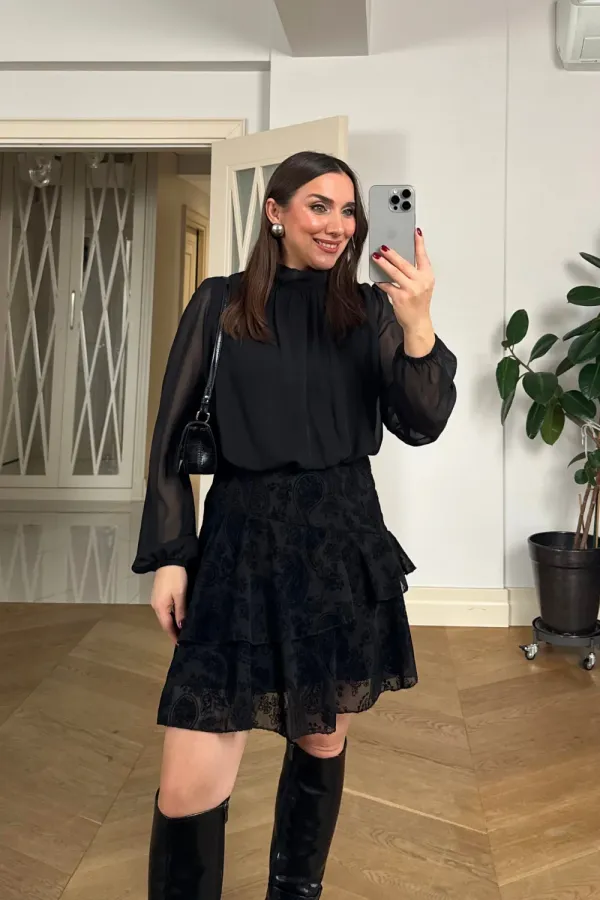 Pile Detaylı Şifon Mini Elbise