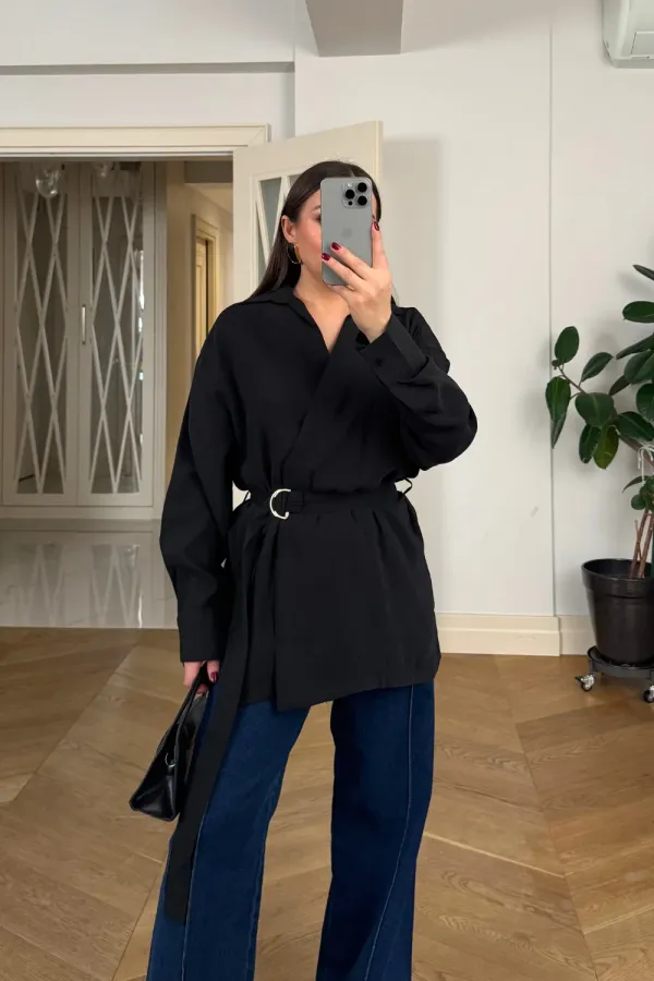 Kruvaze Kemerli Uzun Kollu Bluz