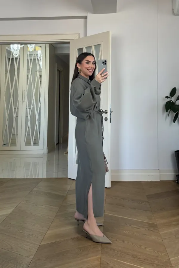 Kuşak Detaylı Uzun Kollu Gömlek Elbise